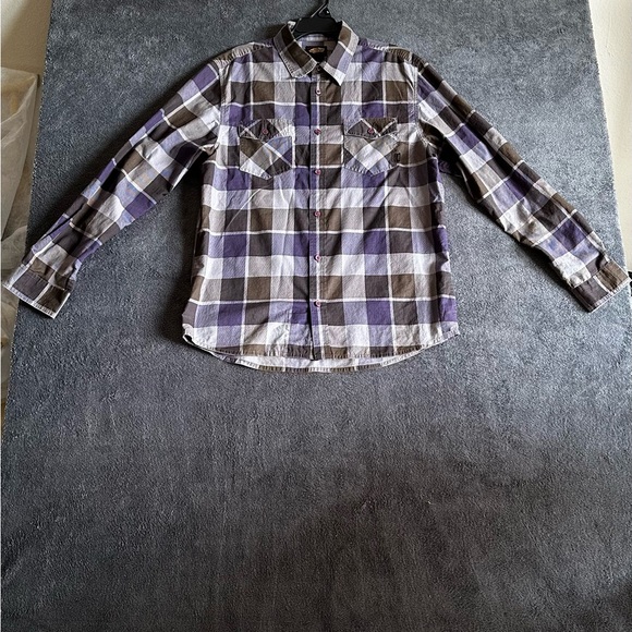 VANS OF THE WALL MENS LONG SLEEVE PLAID PURPLE GRAY SHIRT SZ L - Picture 8 of 14